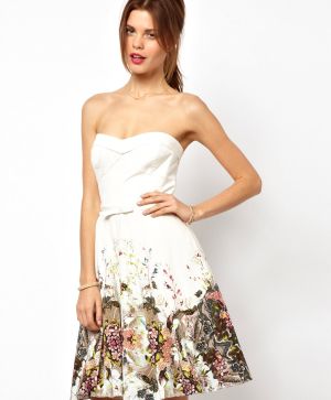 Silk Strapless Prom Dress with Delicate Floral Print